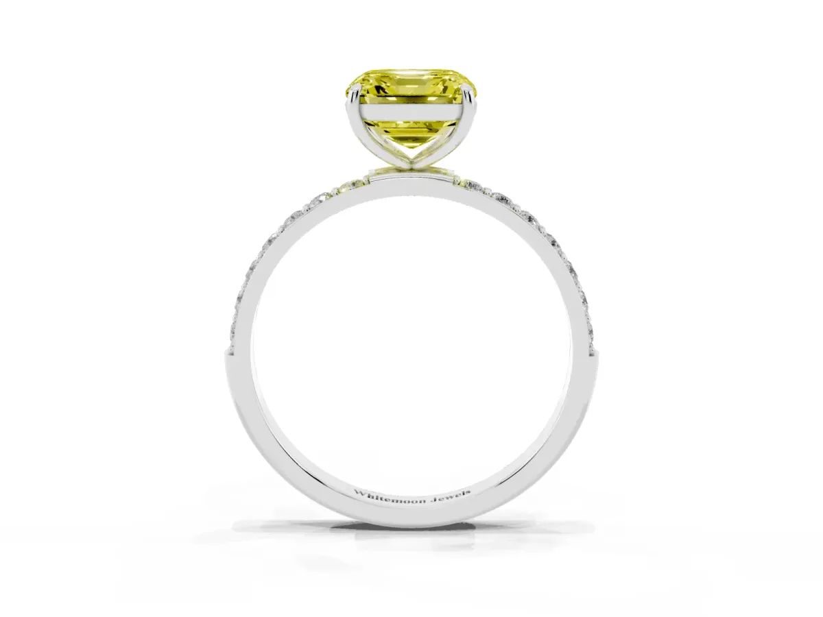 Fancy Yellow Asscher Cut Diamond Solitaire Ring with Round Pavé Shoulders and Prong Setting Silver