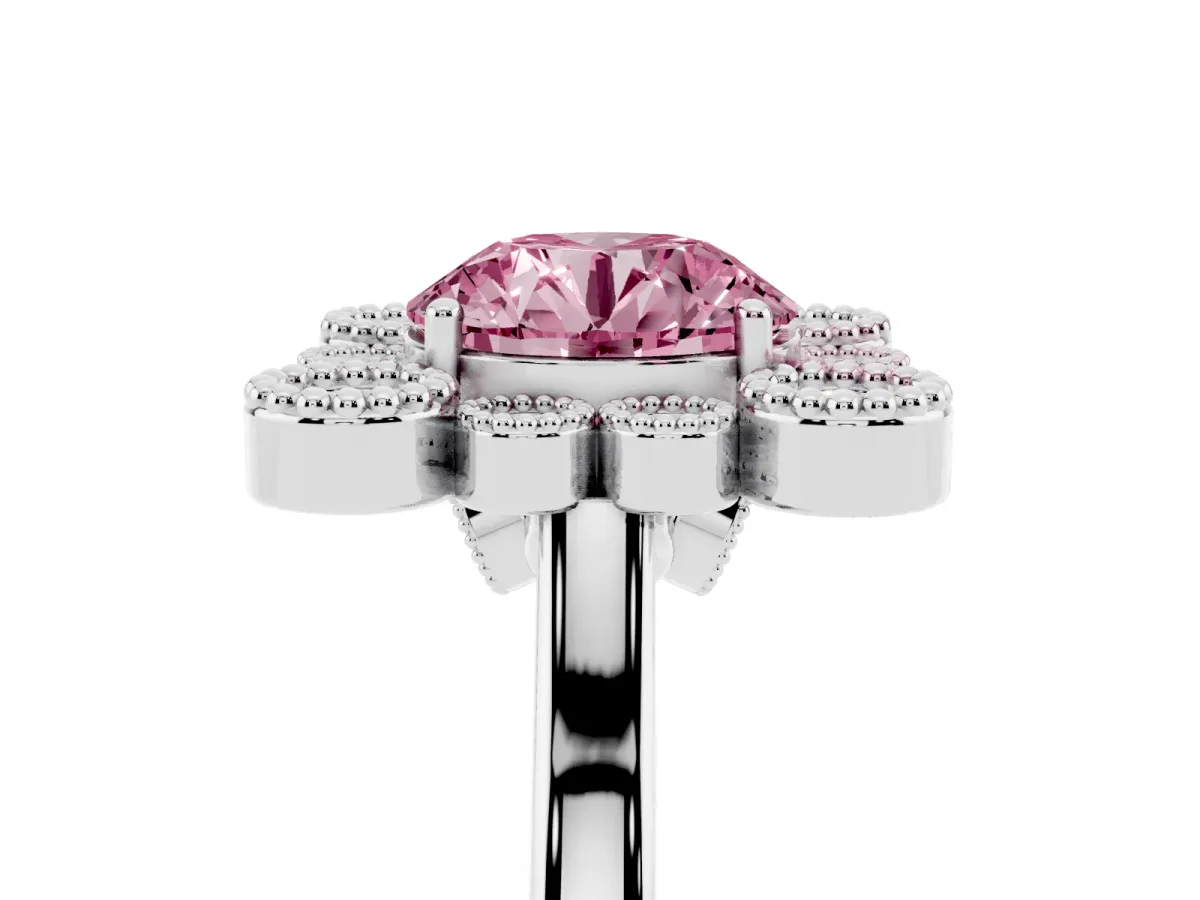 Fancy Pink Round Cut Halo Diamond Cluster Engagement Ring with Milgrain Bezel Setting and Solitaire Band Platinum