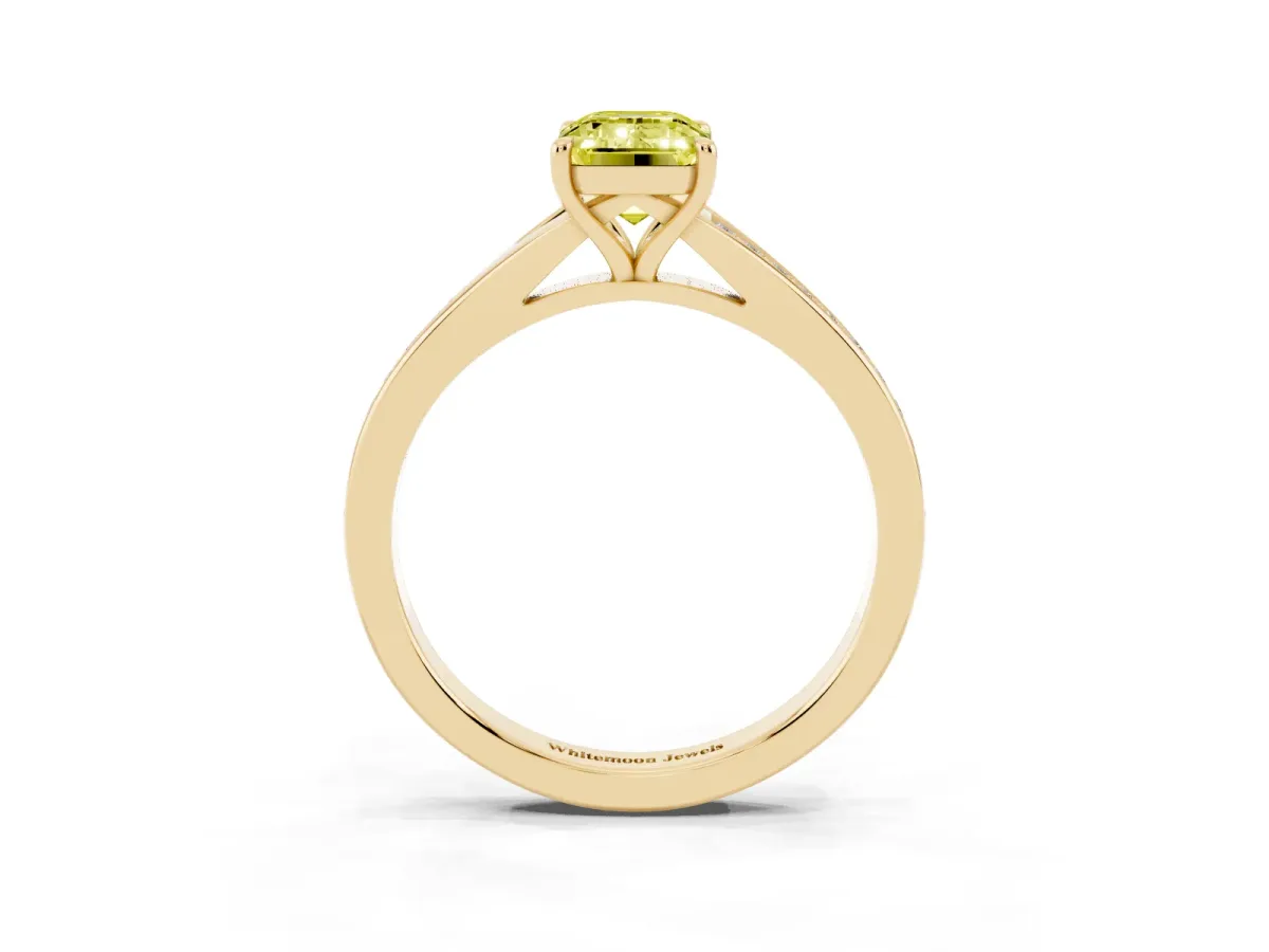 Fancy Yellow Emerald Cut Diamond Solitaire Ring with Pavé Band and Prong Setting Yellow gold