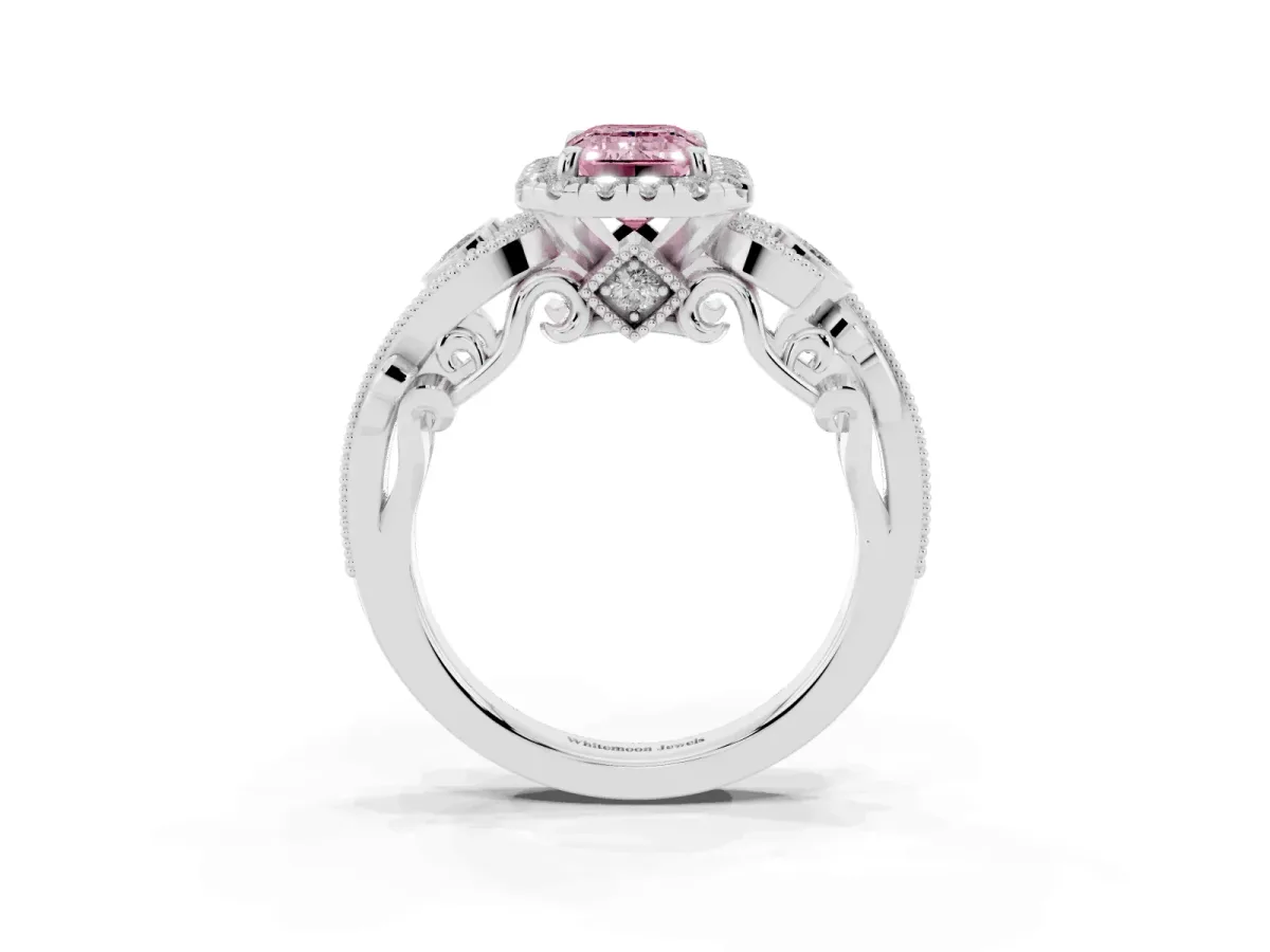 Fancy Pink Emerald Cut Halo Diamond Ring with Milgrain and Bezel Accents on a Split Shank Band White gold