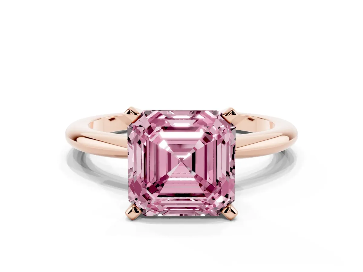 Fancy Pink Asscher Cut Diamond Solitaire Ring with Prong Setting and Classic Band Rose gold