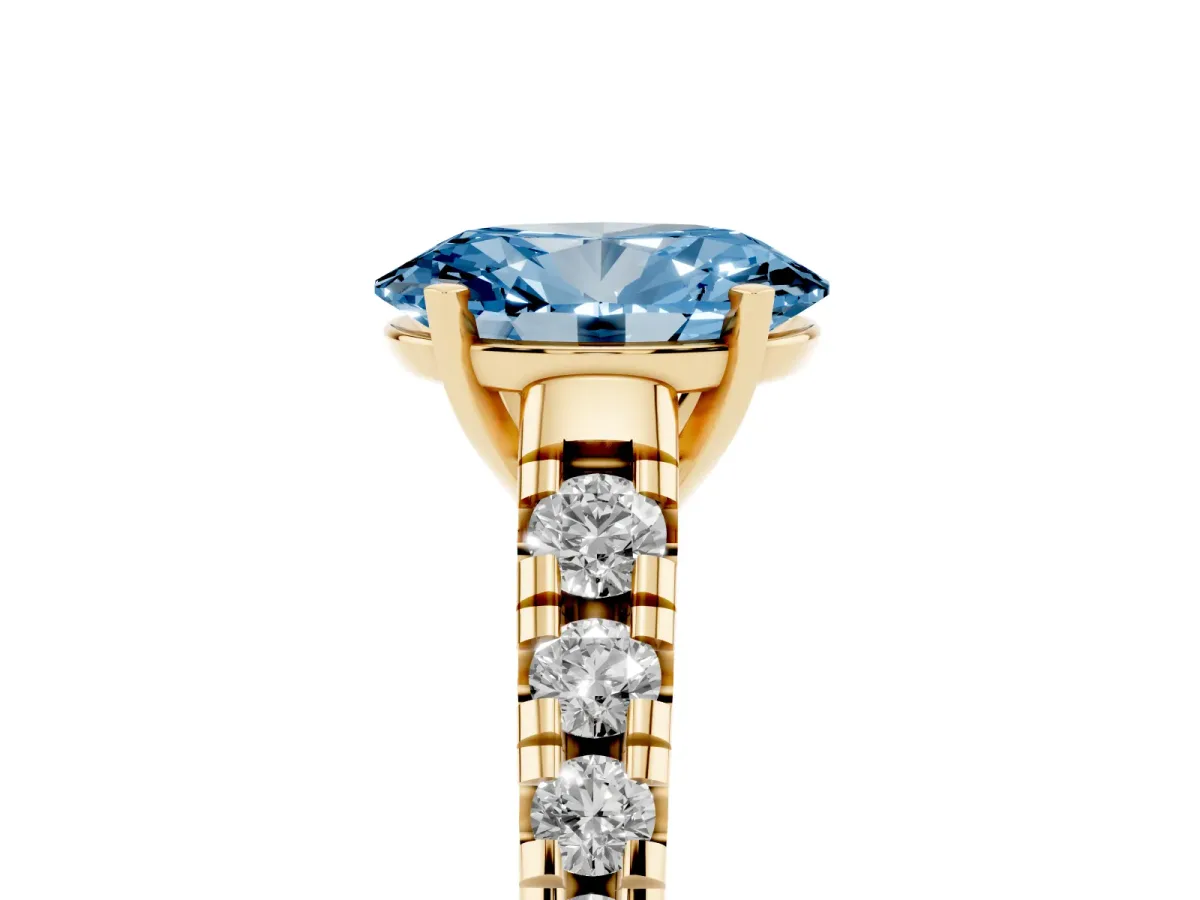 Fancy Blue Oval Cut Diamond Cathedral Solitaire Ring with Round Pavé Band Yellow gold