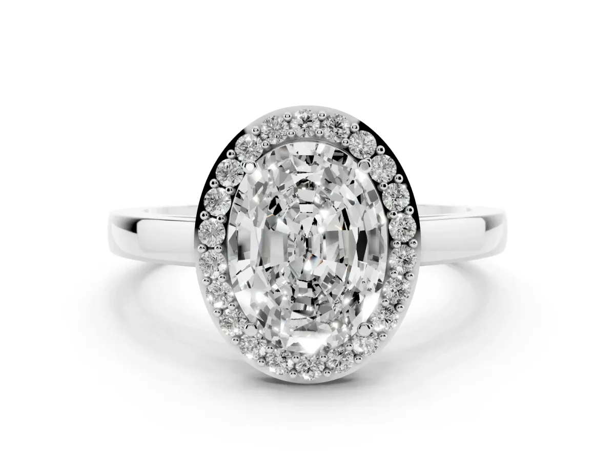 Oval Cut Halo Diamond Ring with Solitaire Band and Prong Setting Silver