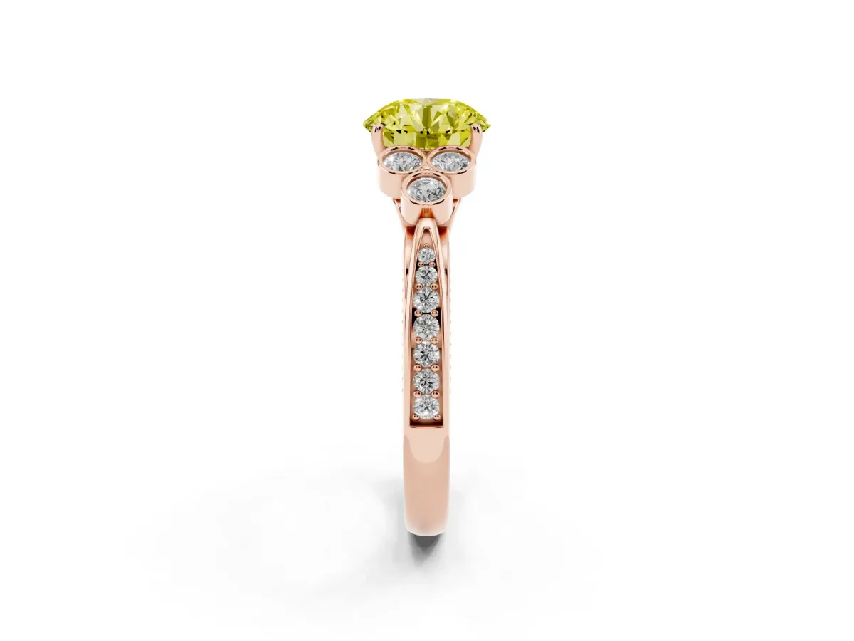 Fancy Yellow Round Cut Cut Diamond Engagement Ring with Bezel Set Round Side Stones and Prong Setting Rose gold
