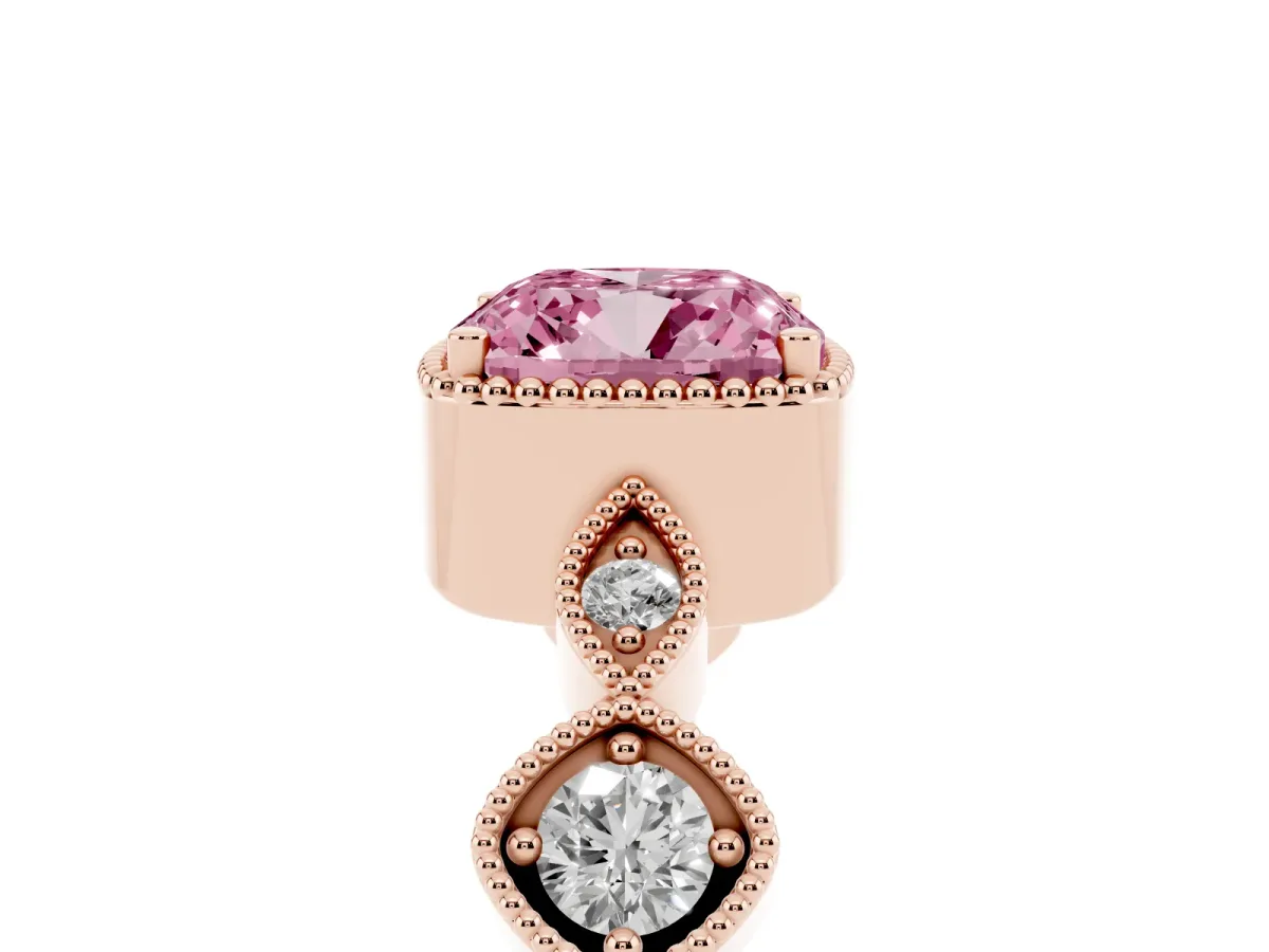 Fancy Pink Cushion Cut Diamond Vintage Milgrain Ring with Round Stations Rose gold