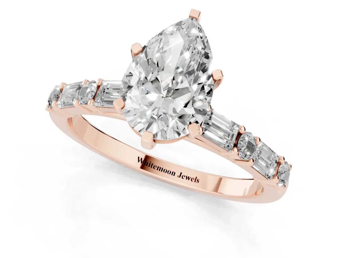 Pear Cut Diamond Solitaire with Side Baguettes and Channel Set Band Rose gold