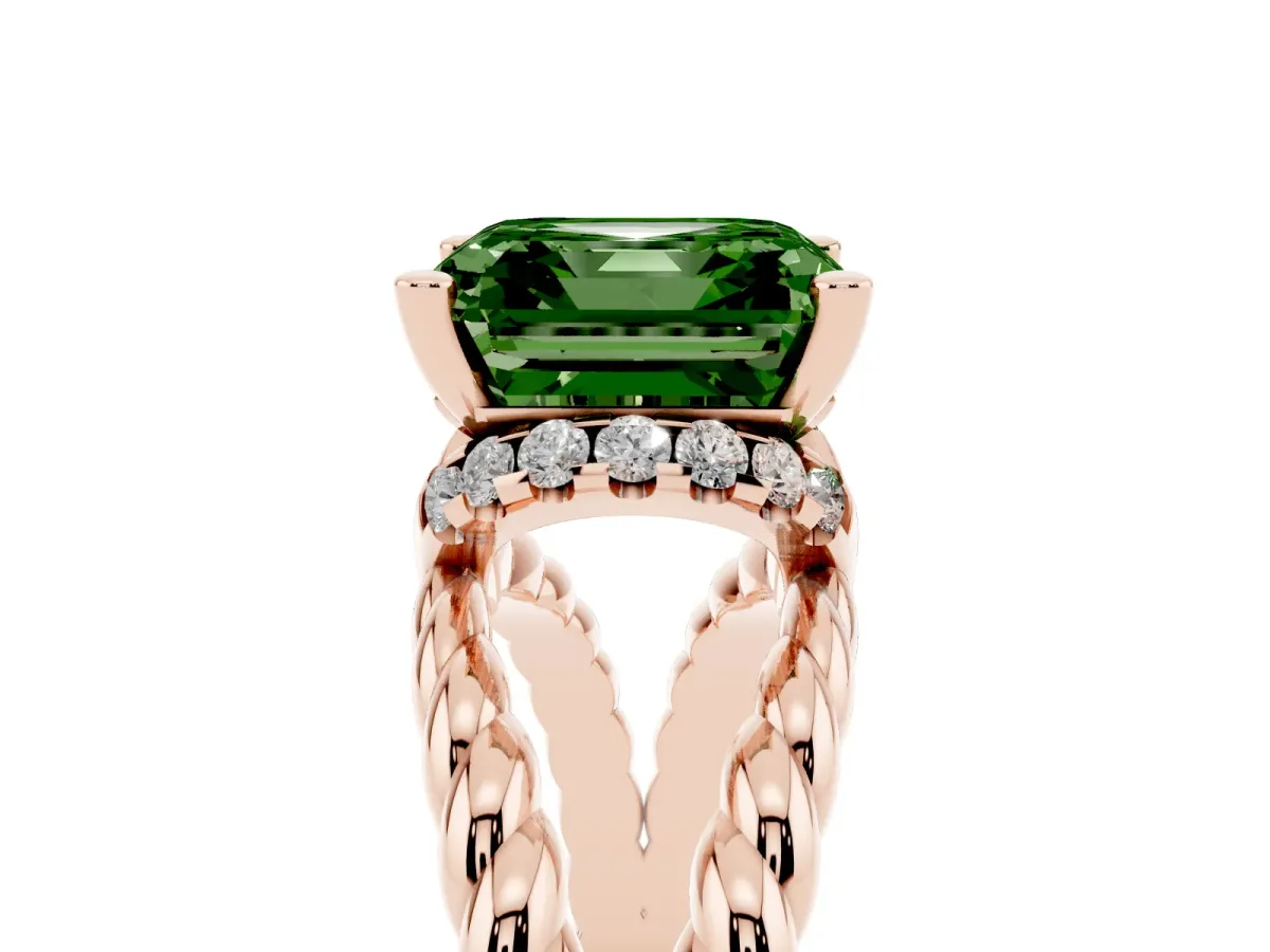 Fancy Green Asscher Cut Halo Twisted Band Four-Prong Ring Rose gold