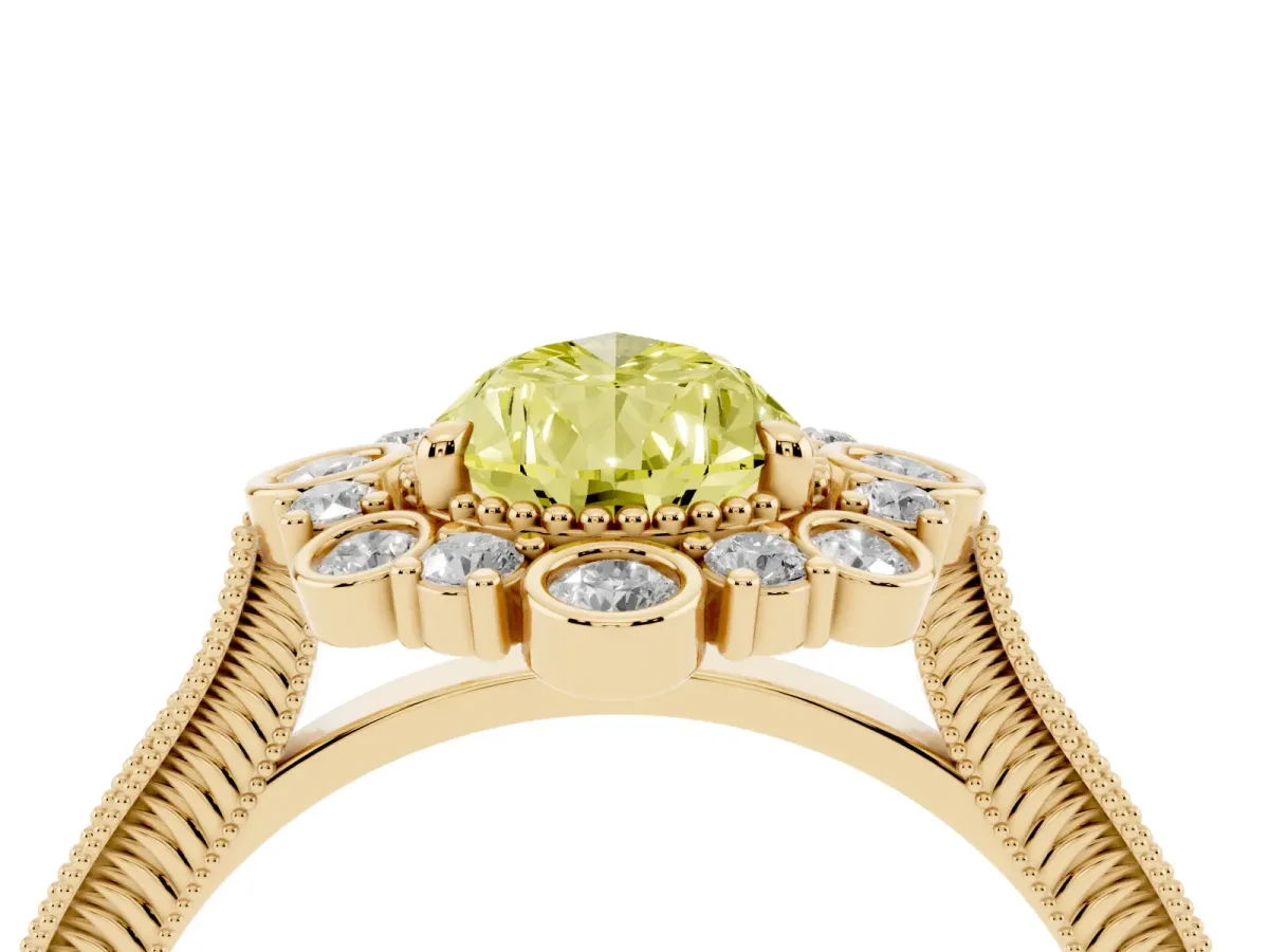 Fancy Yellow Pear Cut Halo Milgrain Pave Diamond Ring with Four-Prong Setting Yellow gold
