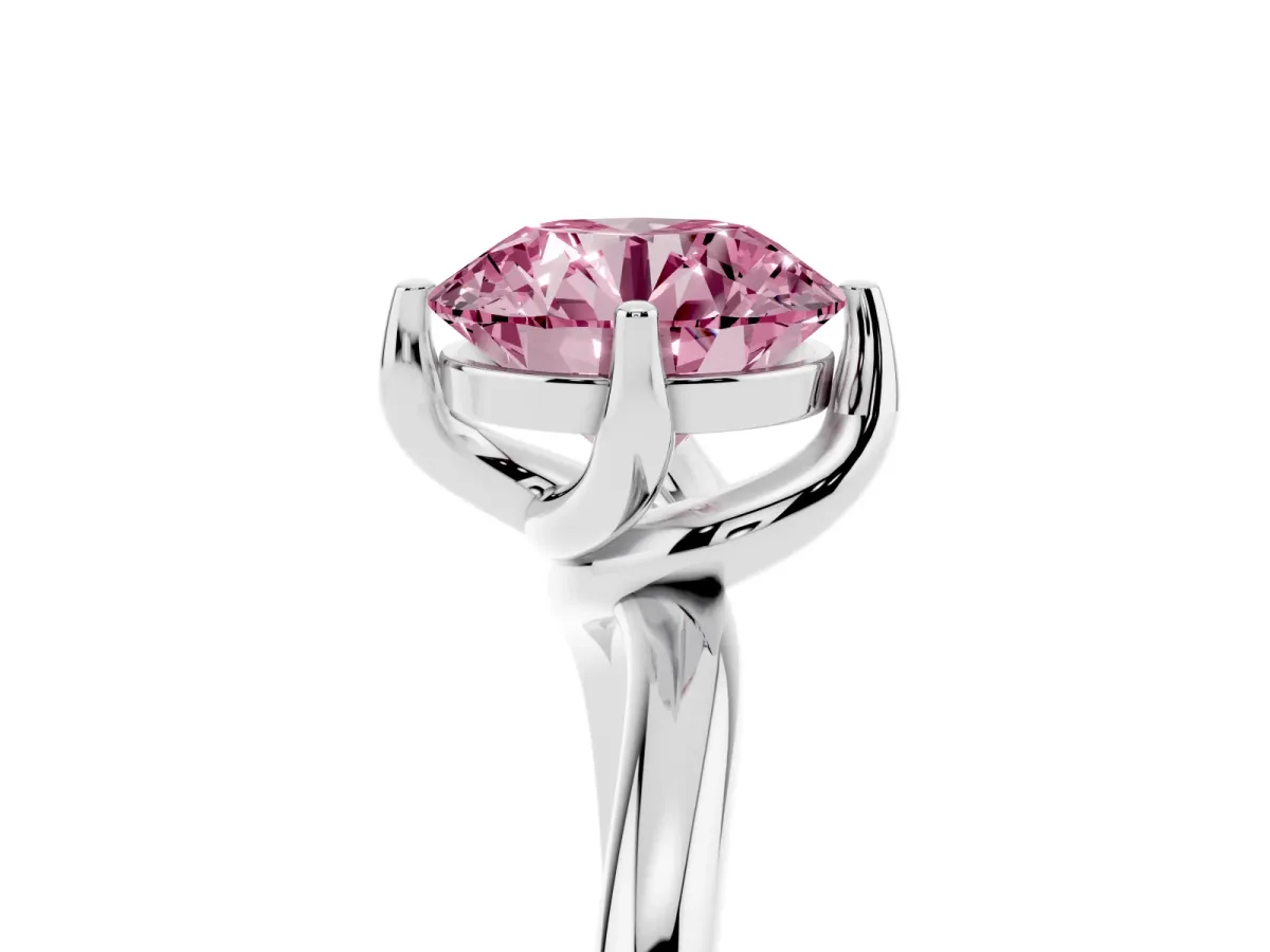 Fancy Pink Round Cut Diamond Solitaire Engagement Ring with Four-Prong Setting and Classic Band Silver