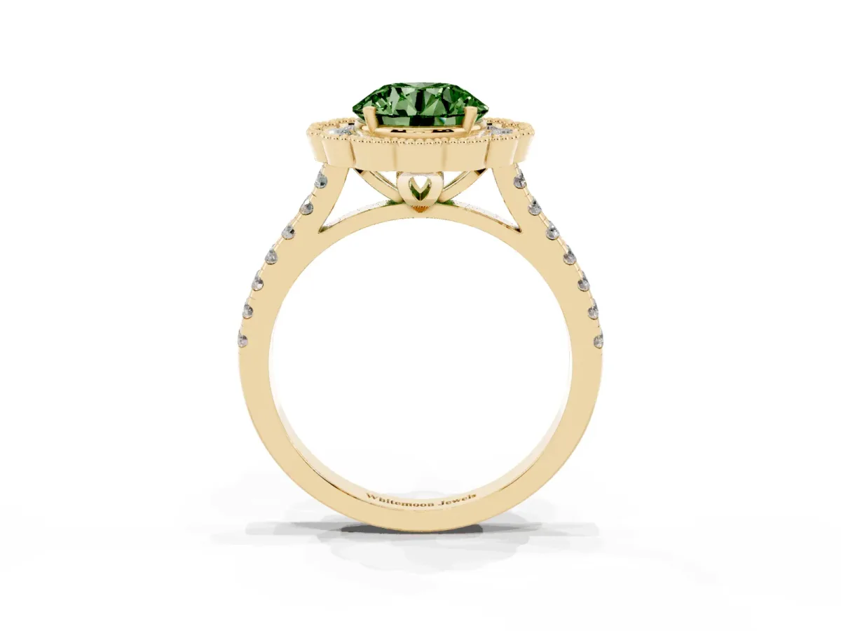 Fancy Green Round Cut Cut Diamond Milgrain Floral Halo Engagement Ring with Pavé Band Yellow gold