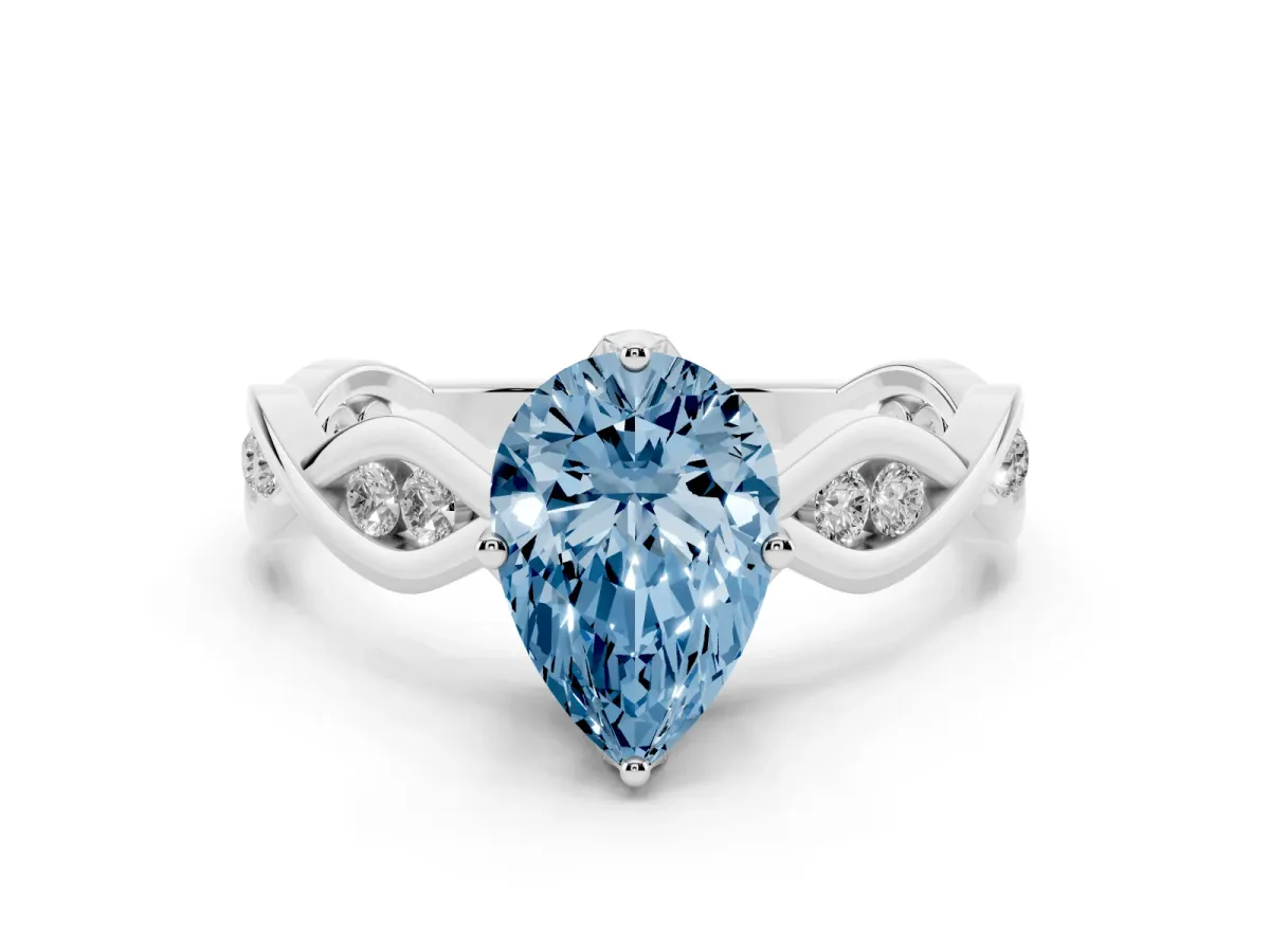 Fancy Blue Pear Cut Solitaire Twist Band with Leaf Prong Setting Silver
