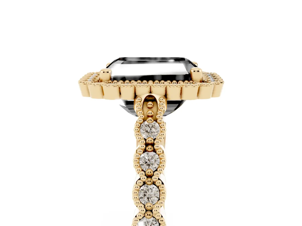 Fancy Black Radiant Cut Cut Halo Pavé Solitaire Ring with Milgrain Band Yellow gold