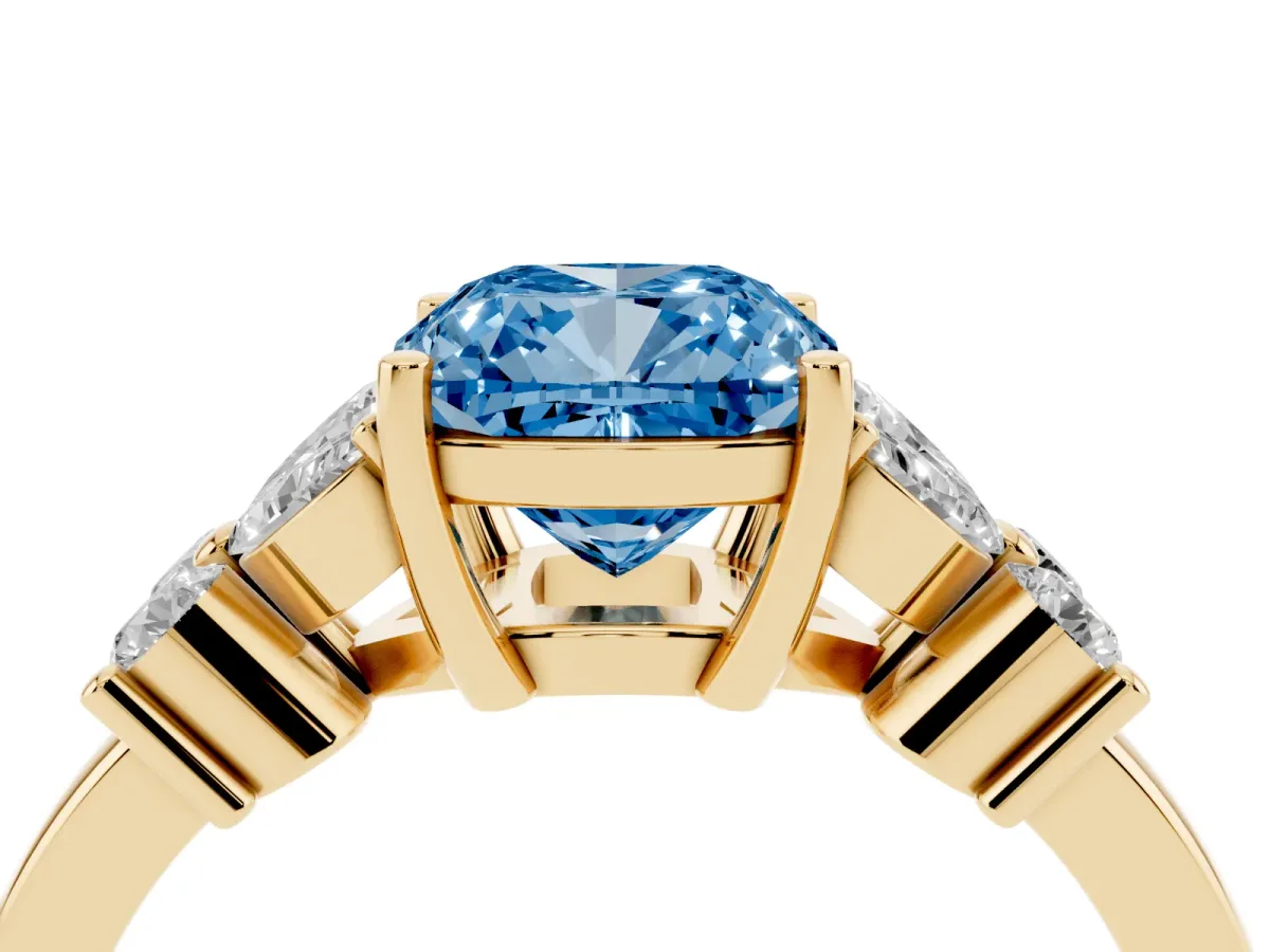 Fancy Blue Cushion Cut Diamond Floral Cluster Ring with Solitaire Band and Prong Setting Yellow gold