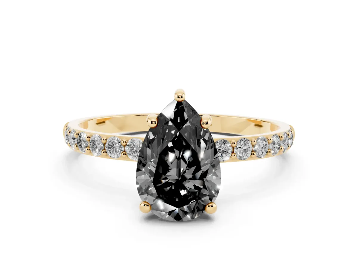 Fancy Black Pear Cut Diamond Solitaire Ring with Round Pavé Band and Prong Setting Yellow gold