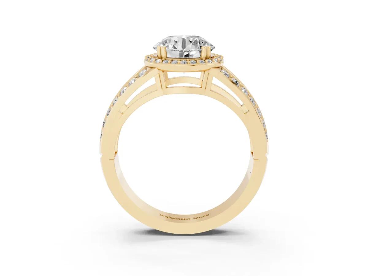 Round Cut Diamond Halo Ring with Split Shank Pavé Band and Four-Prong Setting Yellow gold