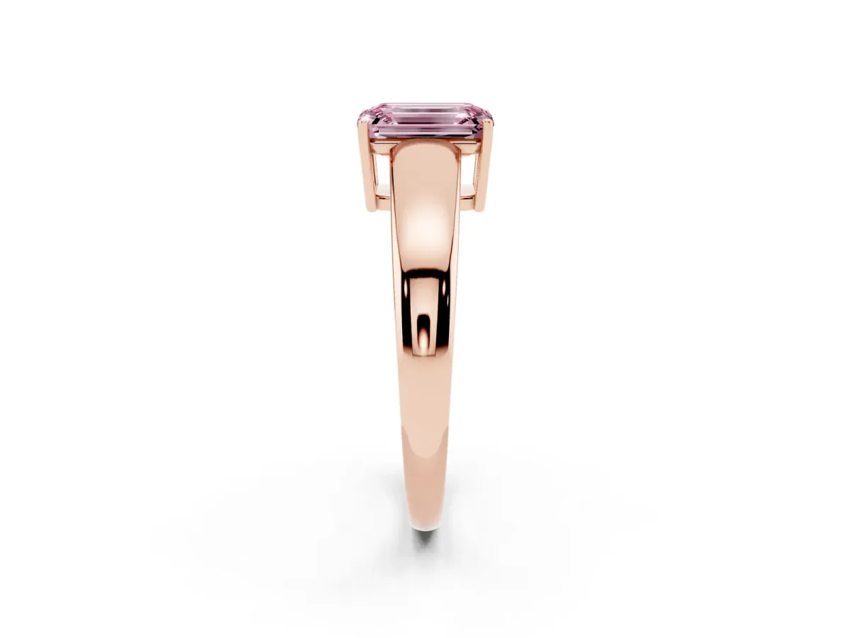 Fancy Pink Emerald Cut Solitaire Diamond Ring with Tapered Band and Four-Prong Setting Rose gold