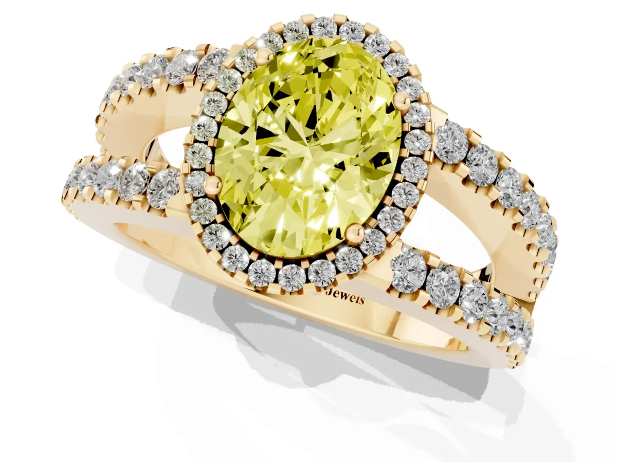 Fancy Yellow Oval Cut Cut Halo Split Shank Diamond Ring with Four-Prong Setting Yellow gold