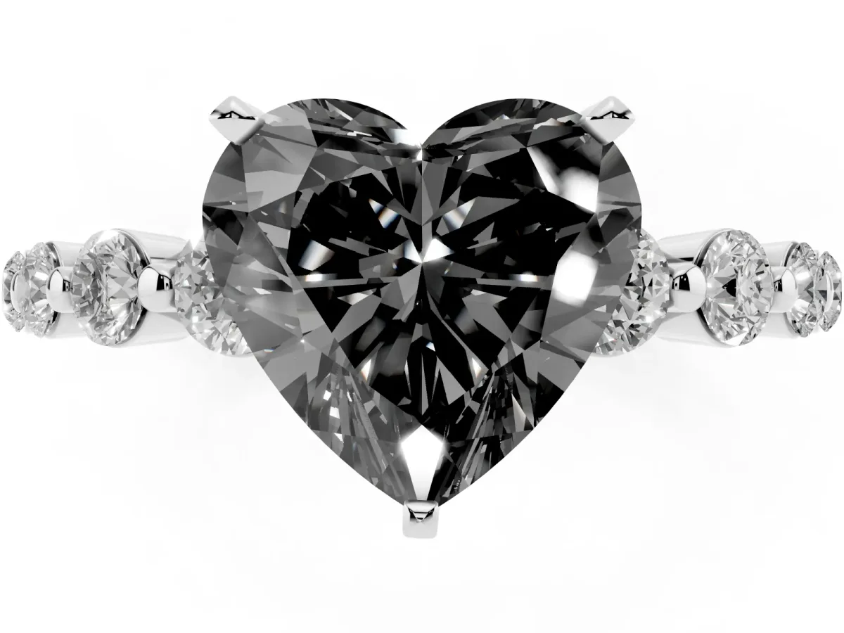 Fancy Black Heart Cut Solitaire Diamond Ring with Pave Band and Four-Prong Setting Silver
