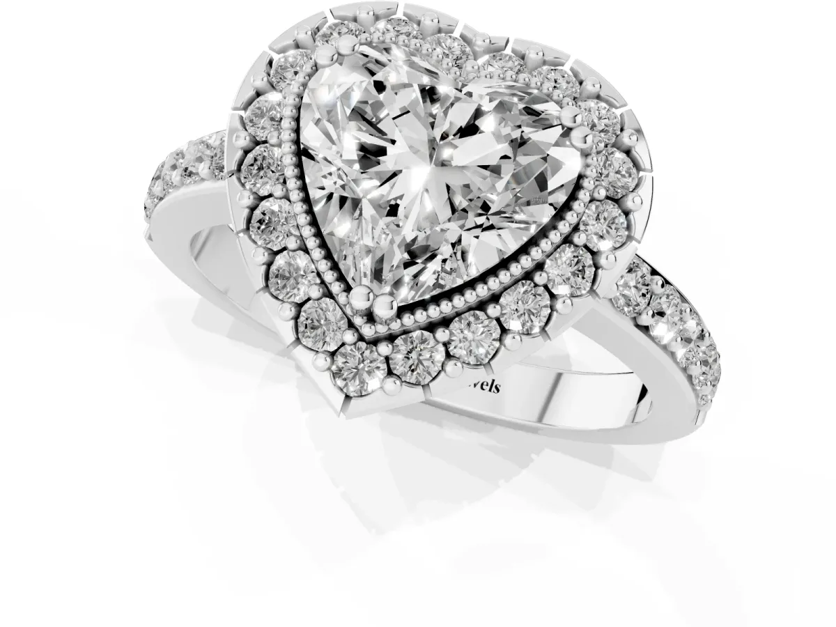 Heart Cut Diamond Halo Ring with Pavé Band and Prong Setting Silver
