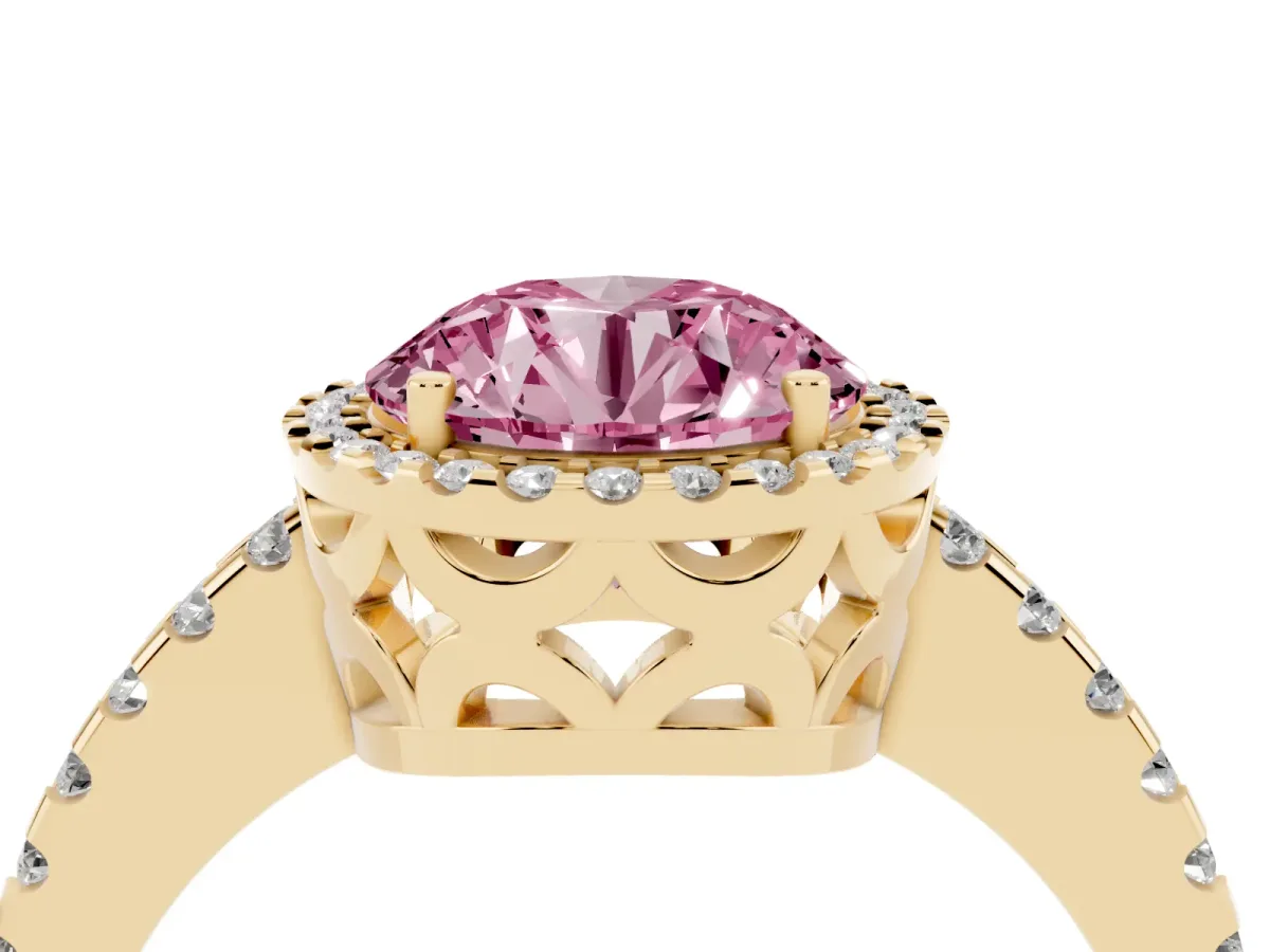 Fancy Pink Round Cut Diamond Halo Engagement Ring with Pavé Band and Prong Setting Yellow gold