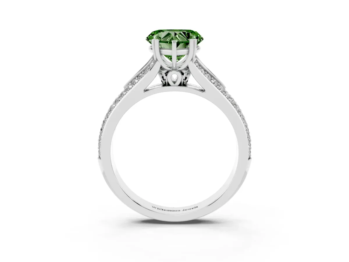 Fancy Green Heart Cut Diamond Split Shank Engagement Ring with Pavé Band White gold