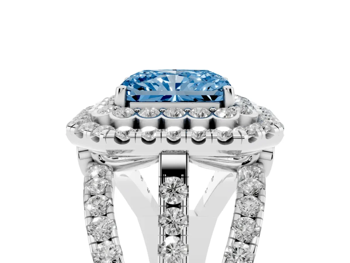 Fancy Blue Radiant Cut Diamond Double Halo Ring with Round Pavé Split Shank and Prong Setting Silver
