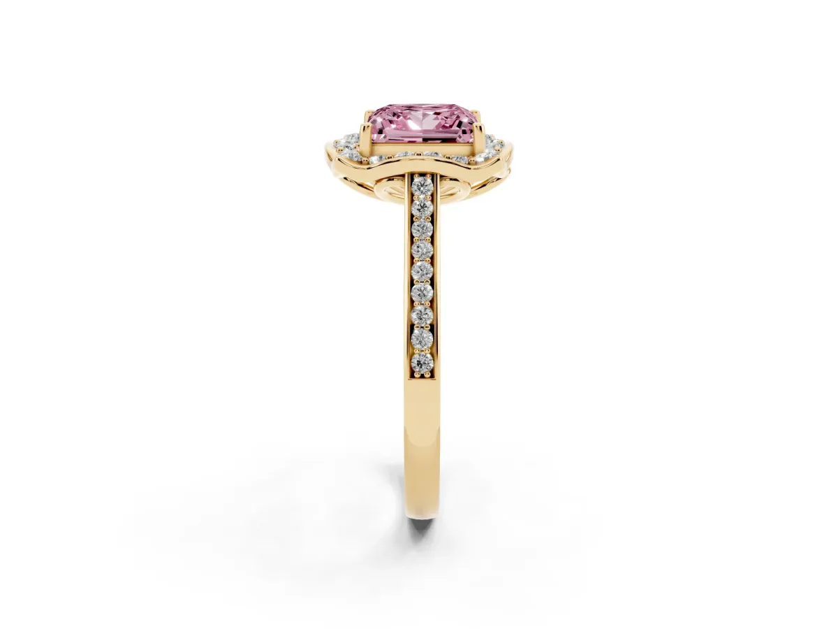 Fancy Pink Princess Cut Halo Round Diamond Pave Band with Four-Prong Setting Yellow gold