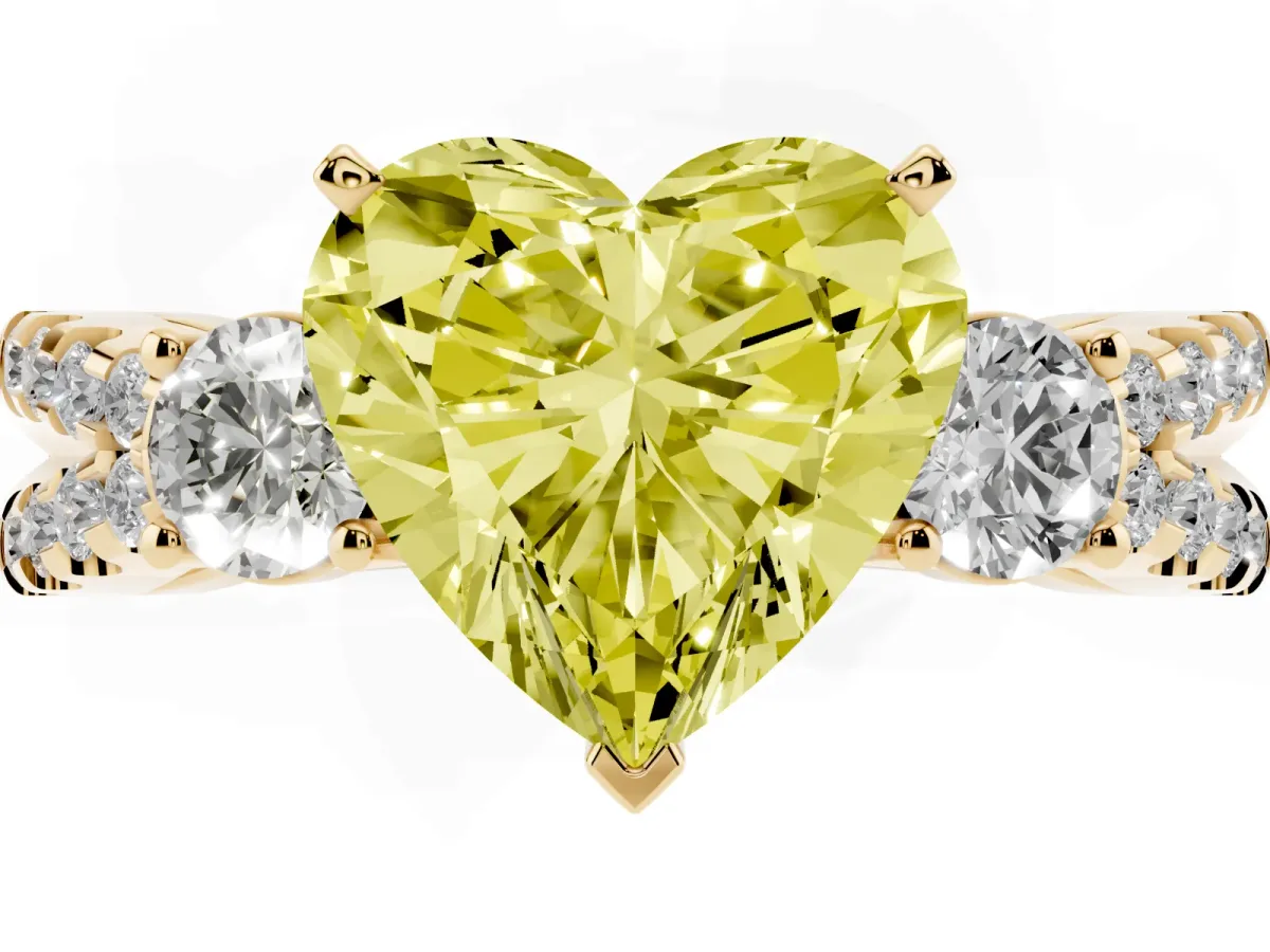 Fancy Yellow Heart Cut Diamond Three-Stone Ring with Pavé Split Shank and Four-Prong Setting Yellow gold