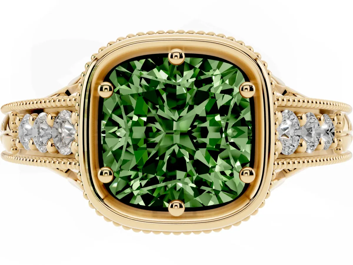 Fancy Green Bezel Set Cushion Cut Diamond Milgrain Pave Engagement Ring Yellow gold