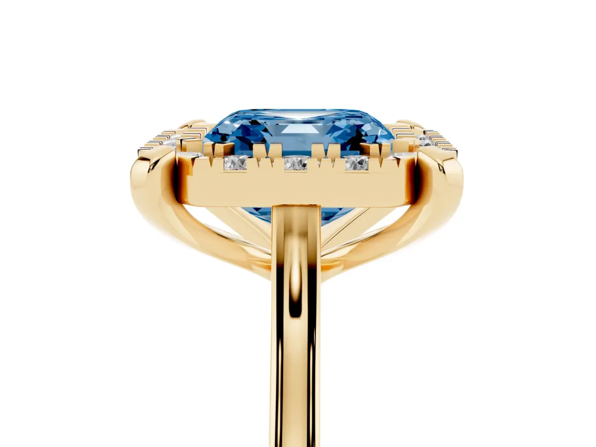 Fancy Blue Asscher Cut Diamond Cluster Halo Solitaire with Four-Prong Setting Yellow gold