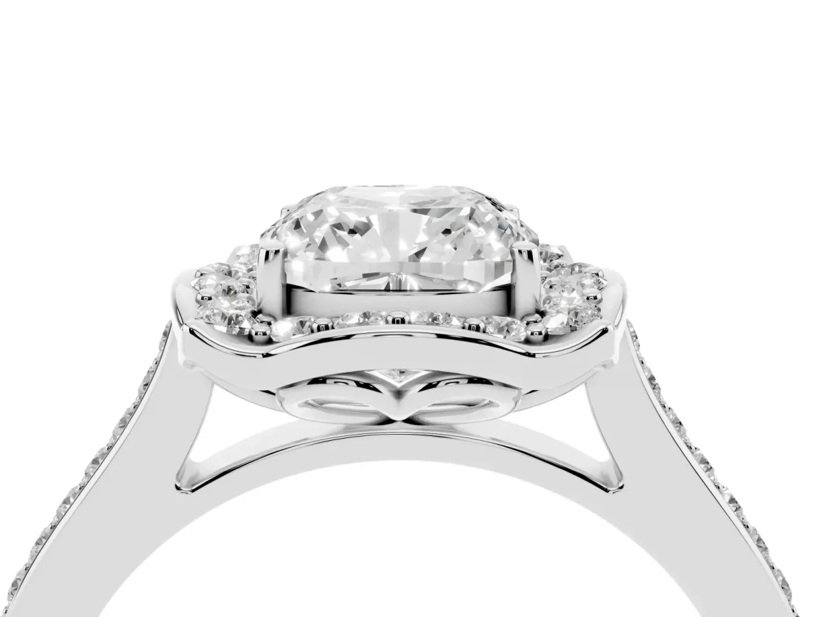 Cushion Cut Halo Round Diamond Pave Band with Four-Prong Setting Silver