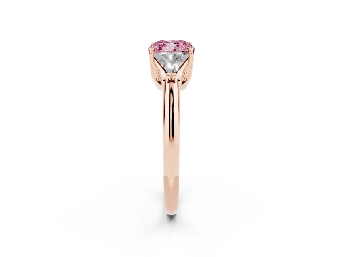 Fancy Pink Three-Stone Cushion Cut Diamond Engagement Ring with Trillion Side Stones and Prong Setting Rose gold