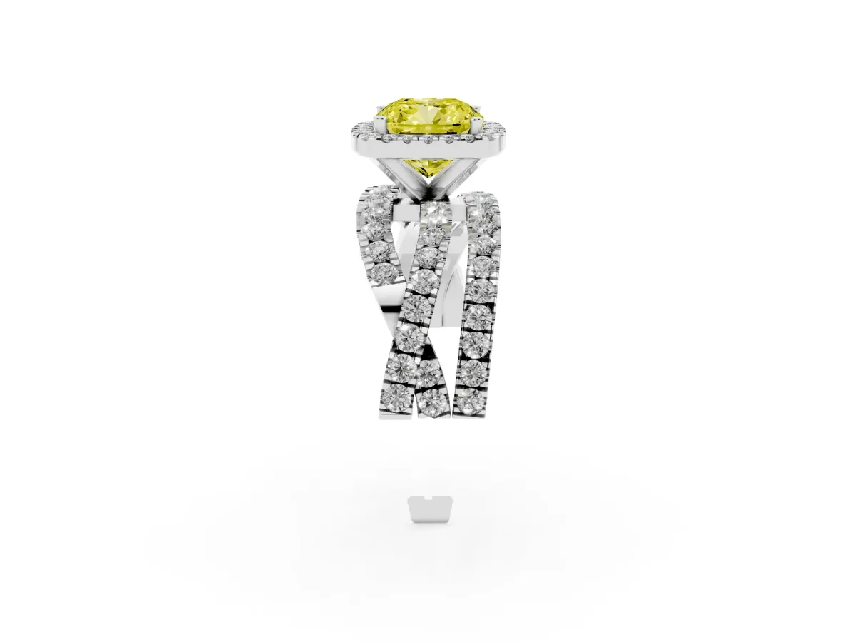 Fancy Yellow Cushion Cut Diamond Halo Ring with Round Split Shank and Prong Setting Silver
