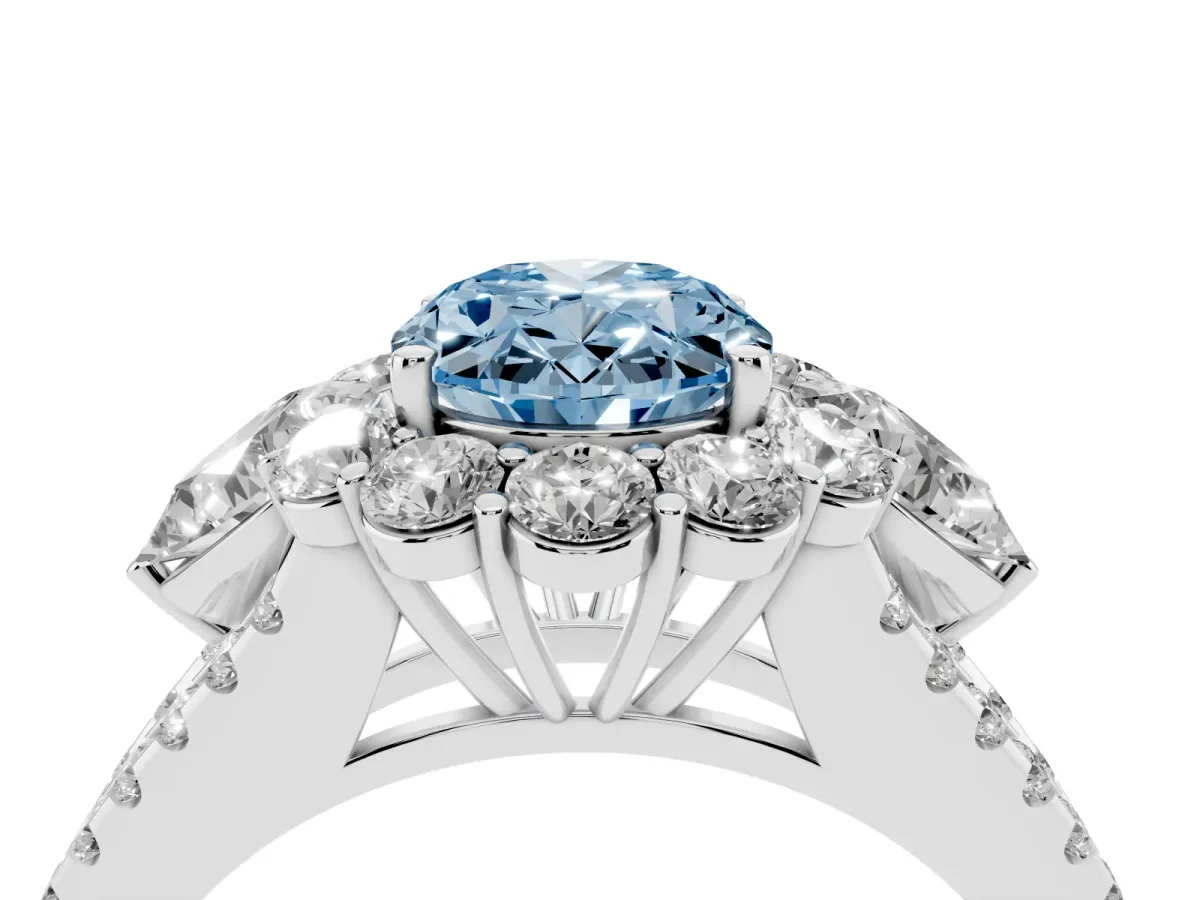 Fancy Blue Oval Cut Halo Split Shank Diamond Engagement Ring with Prong Setting Platinum