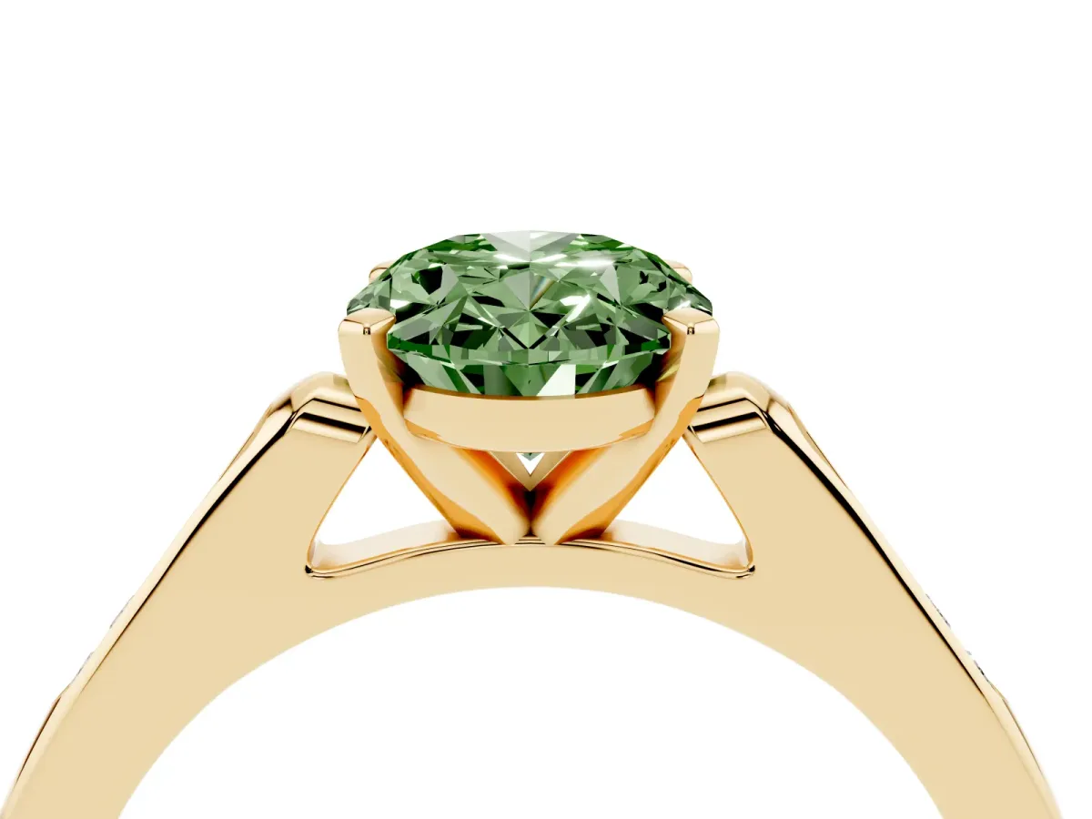 Fancy Green Oval Cut Diamond Solitaire Ring with Channel Set Round Band and Prong Setting Yellow gold