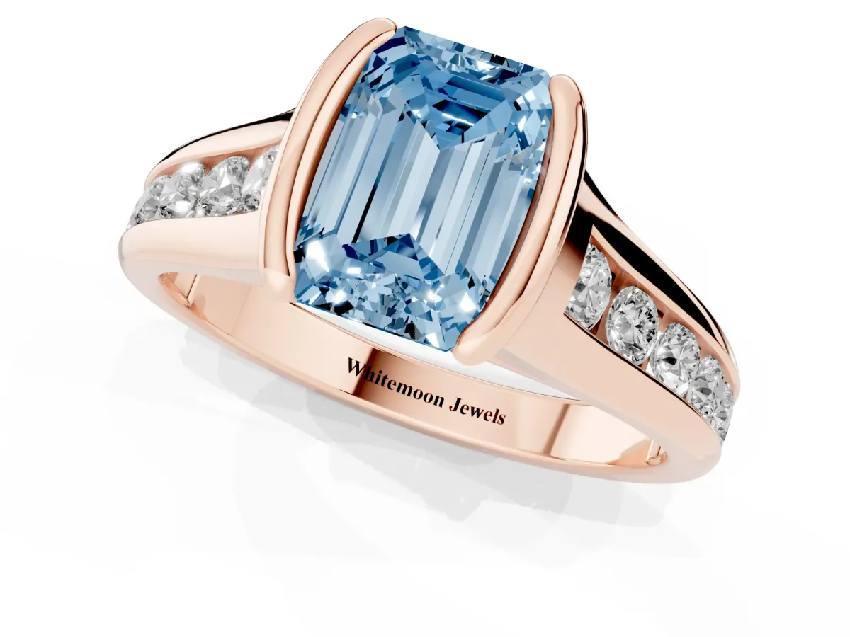 Fancy Blue Emerald Cut Solitaire Bezel-Set Diamond Ring with Channel-Set Band Rose gold