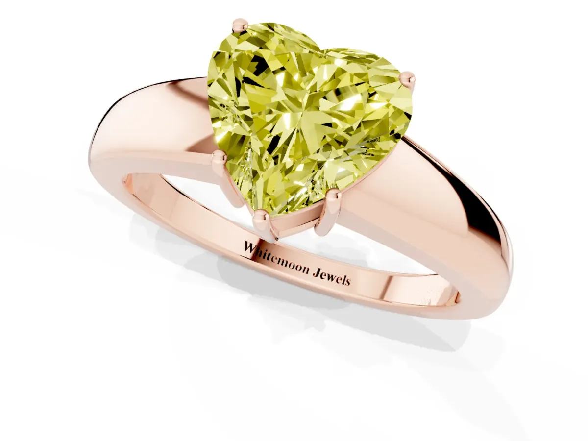 Fancy Yellow Heart Cut Solitaire Diamond Ring with Tapered Band and Four-Prong Setting Rose gold