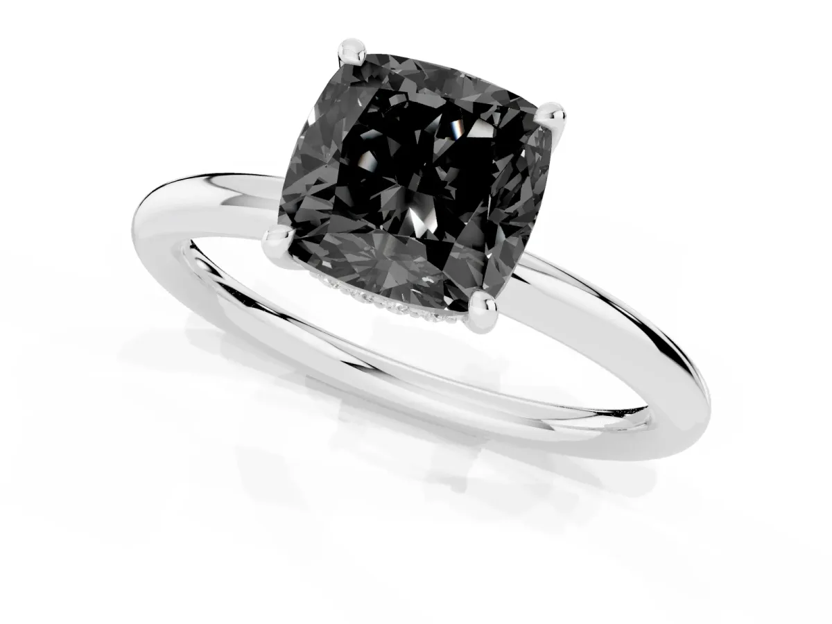 Fancy Black Cushion Cut Diamond Solitaire Ring with Thin Band and Four-Prong Setting Platinum