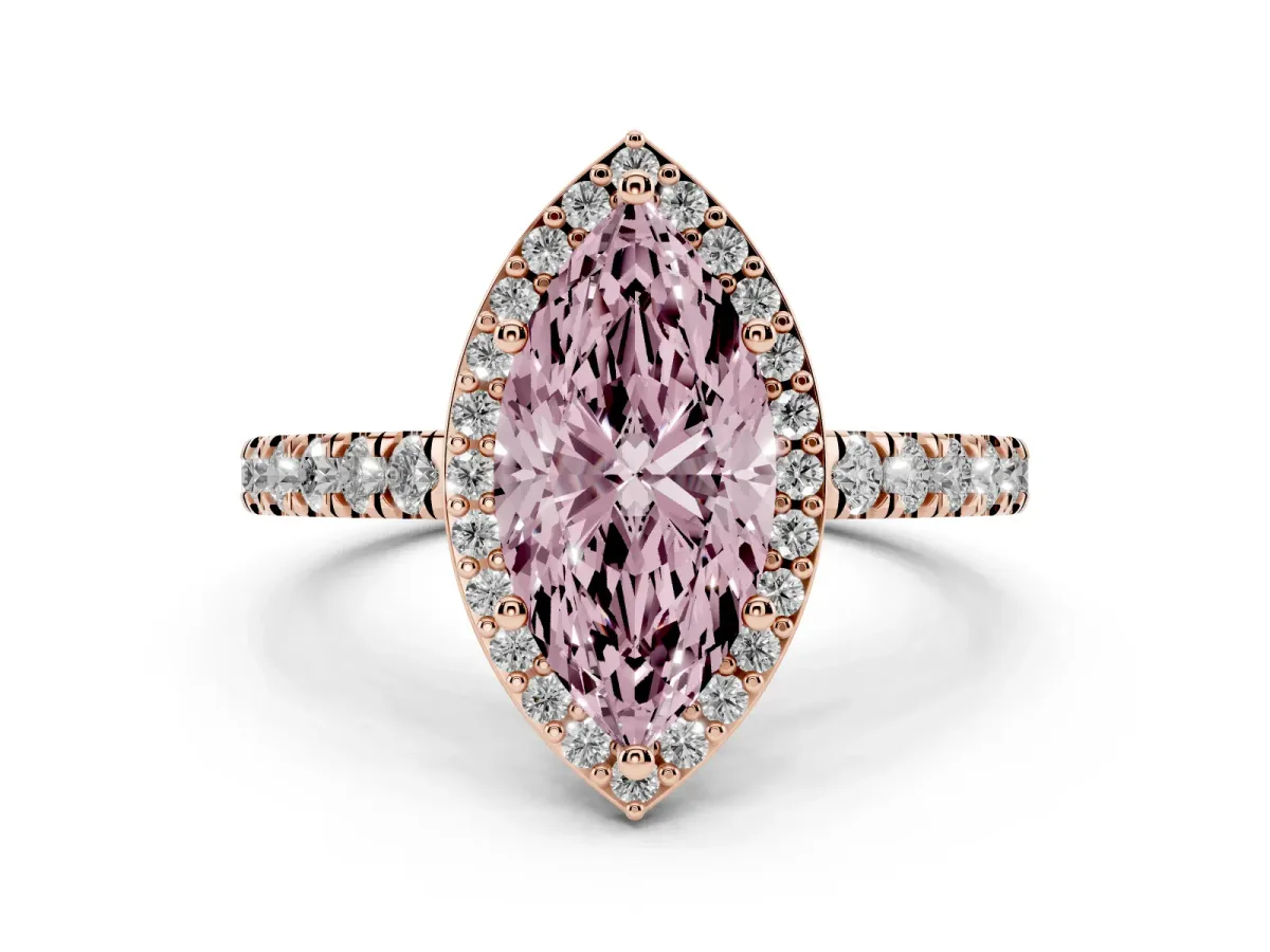 Fancy Pink Marquise Cut Cut Halo Diamond Engagement Ring with Pave Band and Four-Prong Setting Rose gold