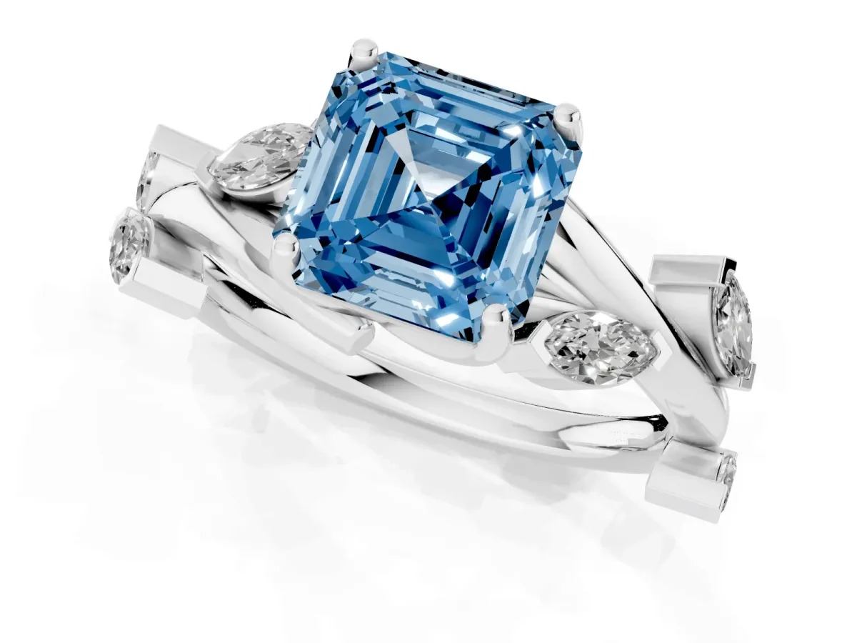 Fancy Blue Asscher Cut Solitaire Twisted Band Marquise Accent Prong Setting Ring Silver