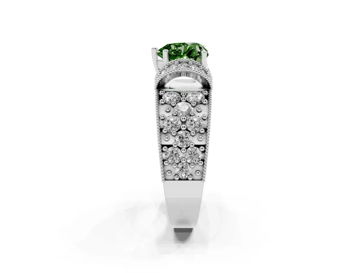 Fancy Green Heart Cut Halo Pave Diamond Engagement Ring with Milgrain Detailing White gold