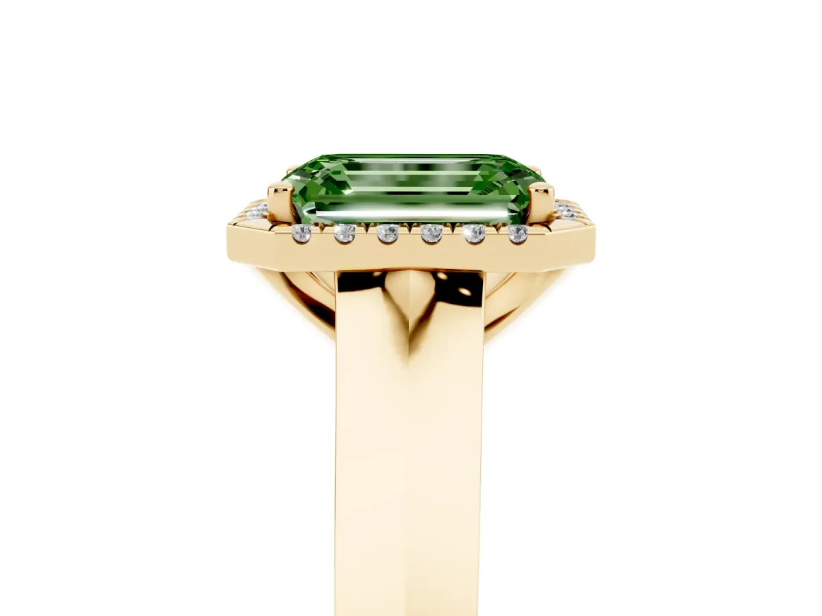Fancy Green Emerald Cut Halo Diamond Ring with Cathedral Band and Four-Prong Setting Yellow gold