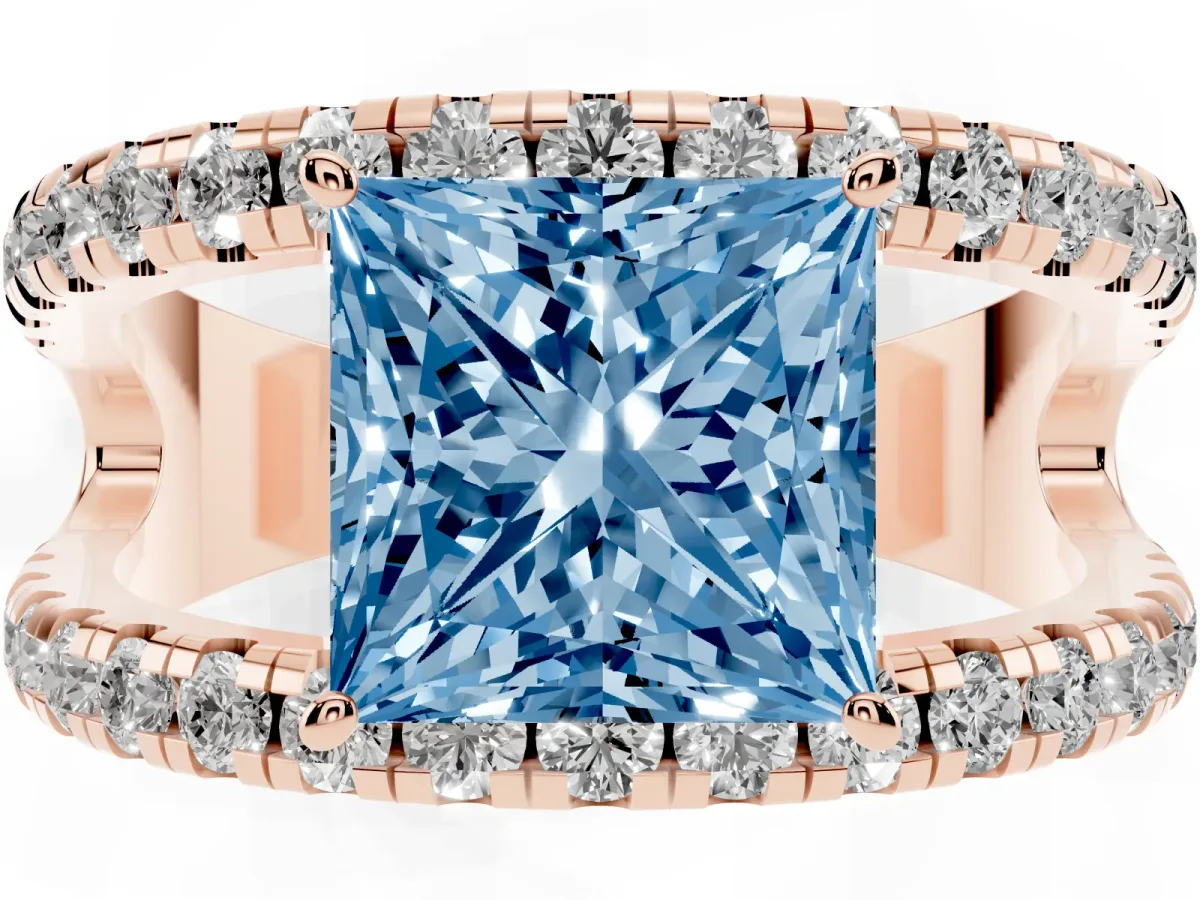 Fancy Blue Princess Cut Solitaire Split Shank Pave Diamond Ring Rose gold