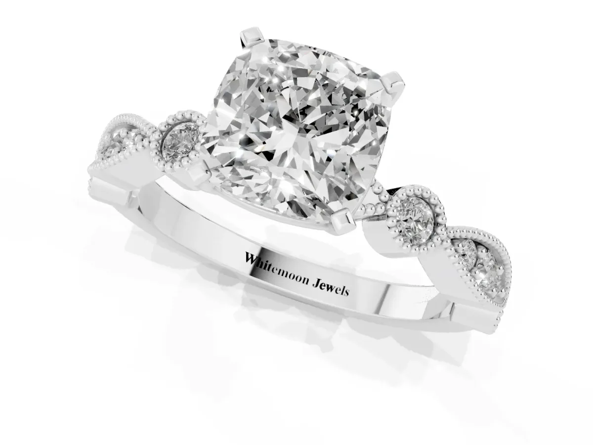 Cushion Cut Milgrain Bezel Diamond Engagement Ring with Solitaire Prong Setting Platinum