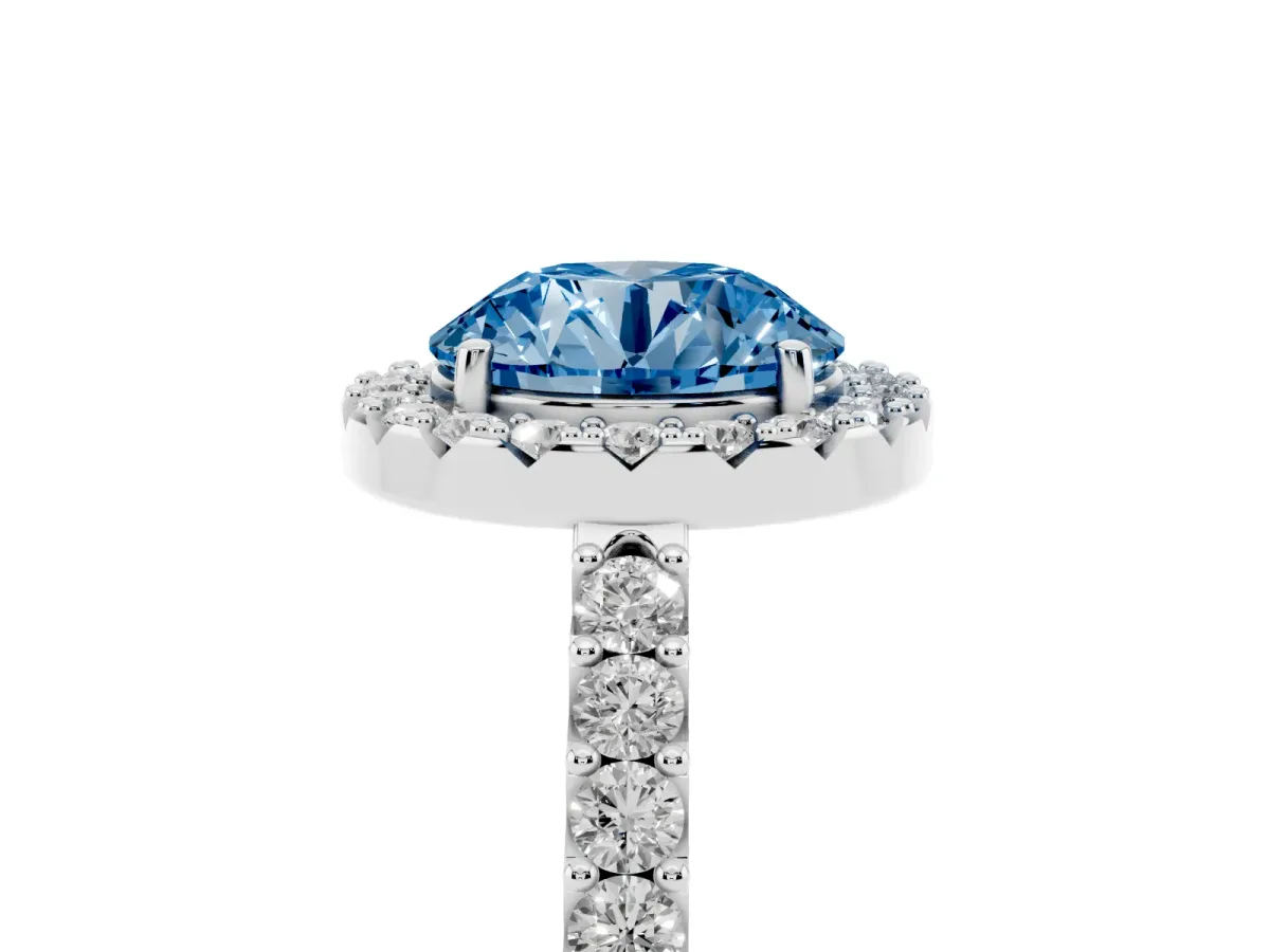 Fancy Blue Round Cut Halo Diamond Pavé Solitaire Ring Platinum