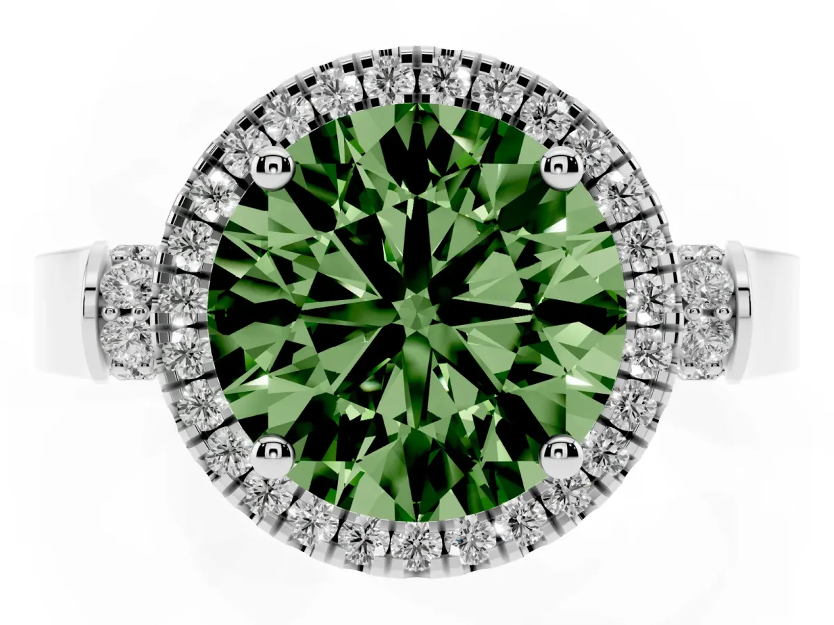 Fancy Green Round Cut Halo Round Diamond Twist Band with Four-Prong Setting White gold