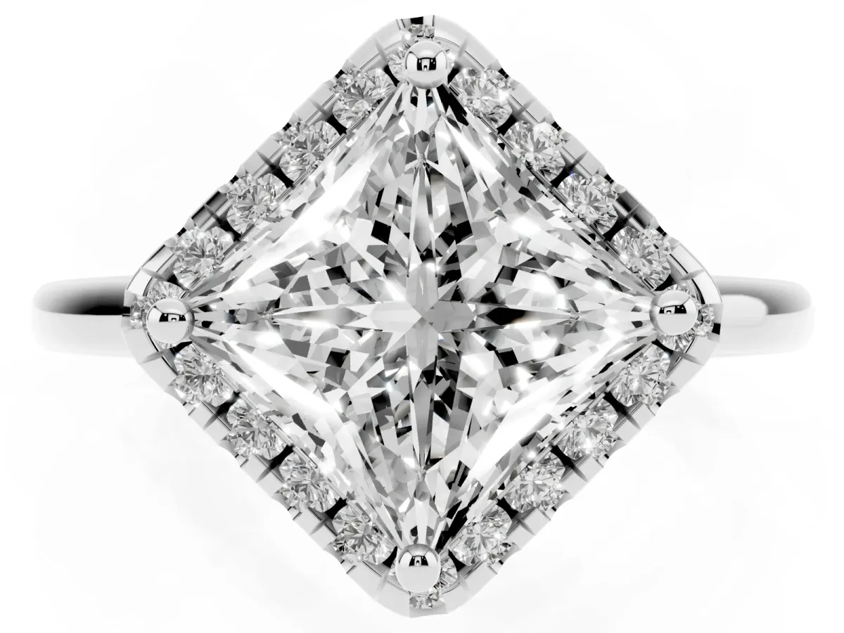 Princess Cut Halo Round Diamond Solitaire Engagement Ring with Pave Band and Four-Prong Setting White gold