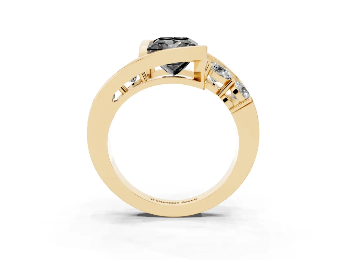 Fancy Black Bezel Set Princess Cut Diamond Bypass Ring with Round Accents Yellow gold