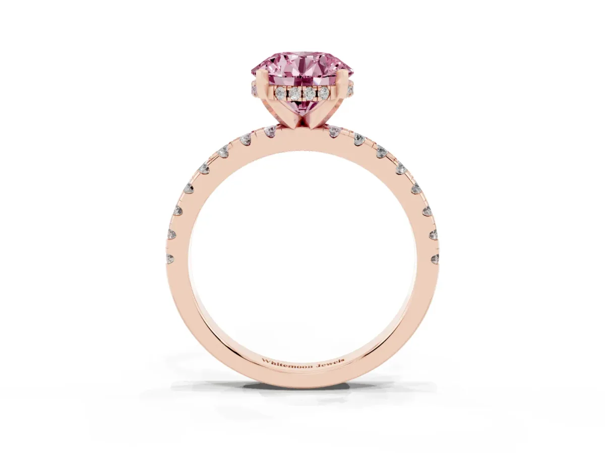 Fancy Pink Round Cut Diamond Solitaire Ring with Round Pavé Band and Four-Prong Setting Rose gold