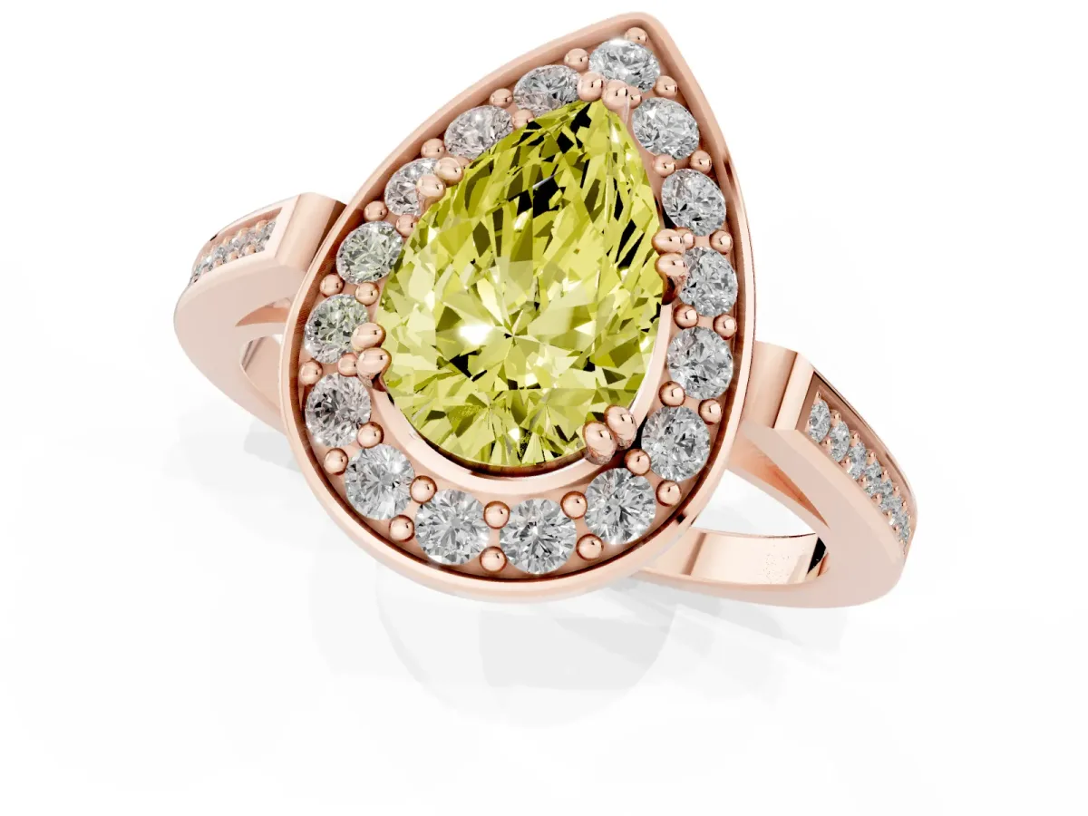 Fancy Yellow Pear Cut Diamond Halo Ring with Split Shank and Four-Prong Setting Rose gold
